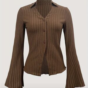 Brown Striped Button-Up Blouse